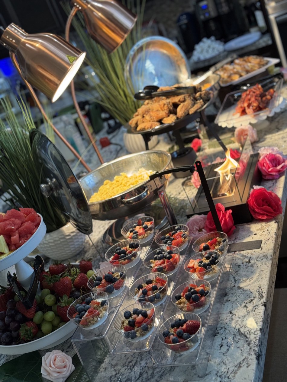 Brunch spread with parfaits and scrambled eggs